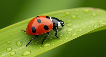 Close-up of a ladybug on a green leaf with raindrops, showcasing nature's beauty