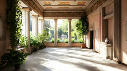 Fototapeta premium Classic Interior With Columns Plants And Sunlight Creating An Elegant And Serene Atmosphere