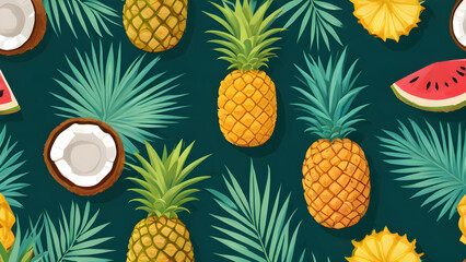 Fototapeta premium Seamless pattern with pineapples, watermelons, coconuts and palm leaves is creating summer vibes
