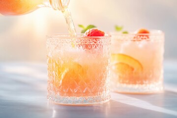 Refreshing drinks with vibrant colors, garnished with fruits, ce