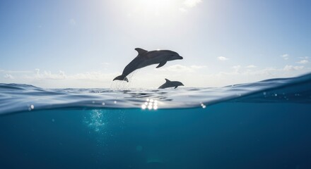 Dolphins leaping gracefully above the ocean surface under a bright sky