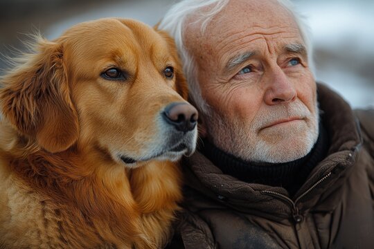 Elderly man and golden retriever enjoying a sunny winter day on the beach