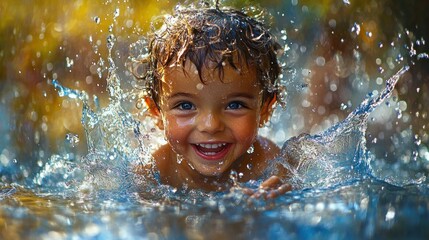 Obraz premium Joyful Child Splashing Water in Pool during Summer