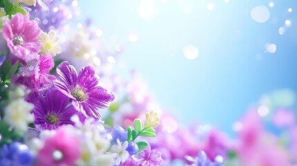 Fototapeta premium Vibrant floral arrangement in pastel shades. Delicate flowers in a soft focus with bokeh
