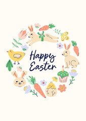 Happy Easter simple card with Bunnies, chickens and eggs. Happy Easter hand drawn Round Frame. Flat illustration with partial outline. Vector illustration.