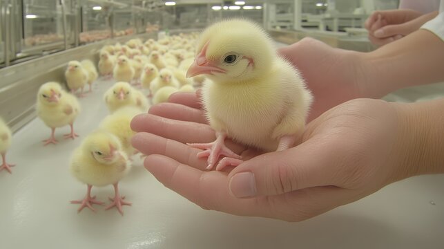 Newborn Chick in Gentle Hands: Veterinary Care and Development Inspection in Spacious Brooder