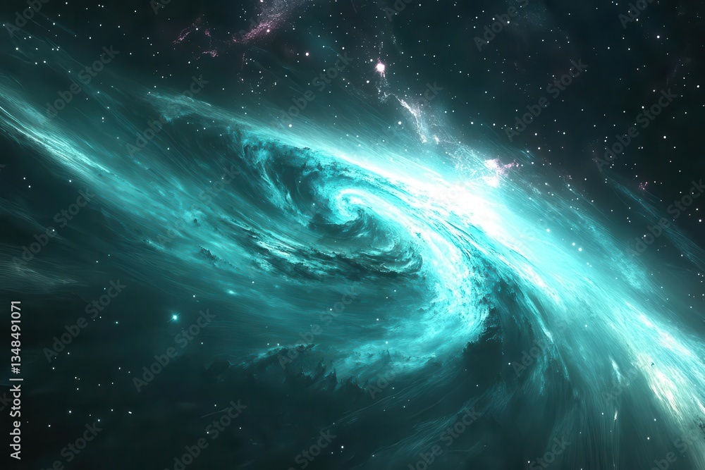 Sticker cosmic nebula in deep space with swirling clouds of turquoise and magenta scattered with crystalline