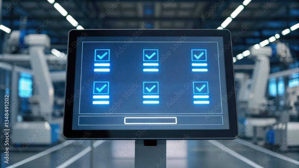 Poster manufacturing automation for productivity improvement, a digital display showing checkmarks in a mod