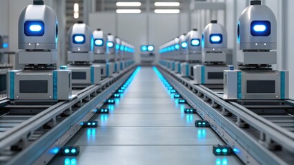 Obraz premium Manufacturing automation for productivity improvement, A futuristic assembly line featuring robotic units with blue lights, organized and aligned on a conveyor system in a high-tech environment.