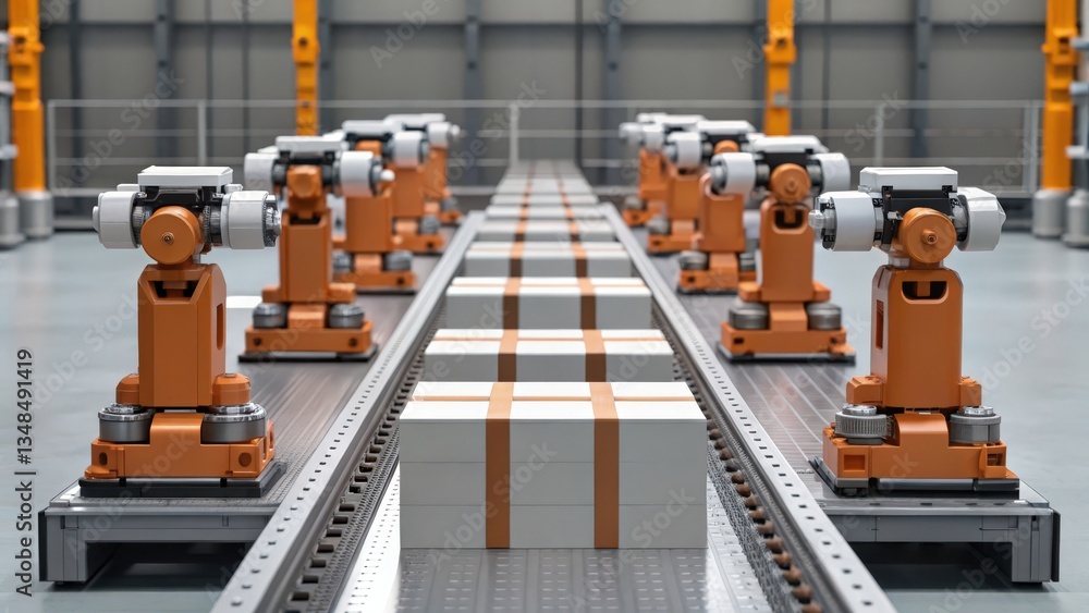 Poster manufacturing automation for productivity improvement, a row of industrial robots on a production li