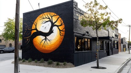 Urban Building with Circular Orange and Black Mural