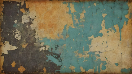 Old weathered turquoise and orange painted surface with cracks and scratches creating a vintage texture