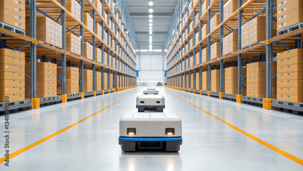 Poster manufacturing automation for productivity improvement, a modern warehouse with automated robots navi