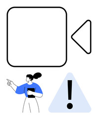 Video camera icon, triangular warning sign with exclamation mark, woman holding a clipboard pointing. Ideal for tutorials, compliance, troubleshooting, warnings, notifications, video guidelines
