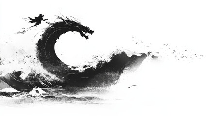 dynamic dragon wave illustration with figure riding it, showcasing movement and energy
