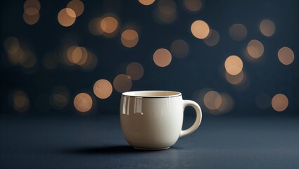 Obraz premium Cozy coffee cup sits alone on a table illuminated by soft bokeh lights in a warm, inviting atmosphere