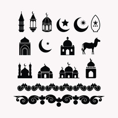 Decoration Silhouette Islamic Eid - mosque and Moon, Stars Icon vector illustration. Eid Al-Fitr.
