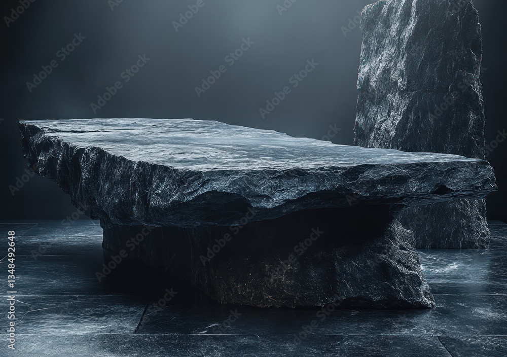 Poster minimalist dark stone table with vertical marble blocks for product display