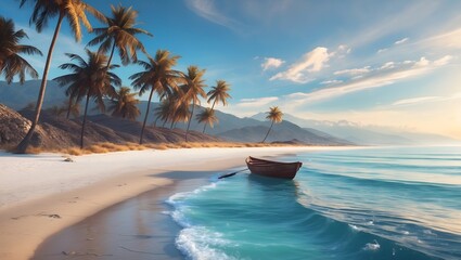 Paradise Beach Scene: A tranquil beach scene unfolds under a clear blue sky, where gentle waves kiss the sandy shore, framed by towering palm trees and distant mountains.