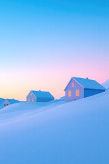 Soft pastel sky illuminates quaint snow-covered houses nestled i