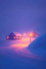 Fototapeta premium Snow-covered houses glow softly amidst serene, snowy landscape a