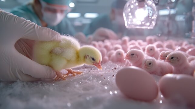 Attentive veterinarian in a poultry hatchery assisting a newly hatched chick among many baby chicks