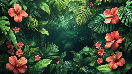Naklejka premium Lush Tropical Paradise Hibiscus Floral Background