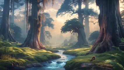 Mystical Forest Serenity: A digital painting captures the enchantment of an ancient forest, a river winding through lush, moss-covered grounds.