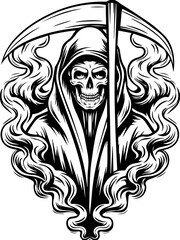 Demon Grim Reaper and Gothic creatures in SVG vector format. Grim Reaper Illustration with Smoke and Scythe in Black Style