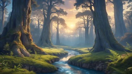 Serene Forest Landscape: A mesmerizing forest scene featuring towering trees, a gentle stream winding through lush vegetation, and a mystical atmosphere created by the soft morning light.