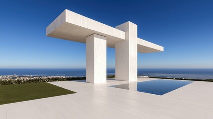 Fototapeta premium Modern Architectural Structure with Ocean View and Swimming Pool in Clear Blue Sky