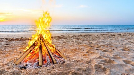 Fototapeta premium Cozy Beach Bonfire at Sunset with Calm Waves and Warm Sandy Shoreline in the Background
