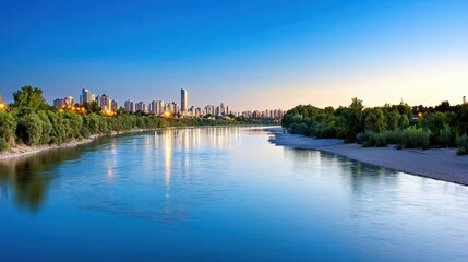 Fototapeta premium Serene River Reflection at Twilight with Urban Skyline and Lush Greenery in Background