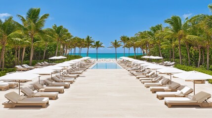 Naklejka premium Tropical Resort Poolside Oasis with Palm Trees and Sun Loungers by the Beach