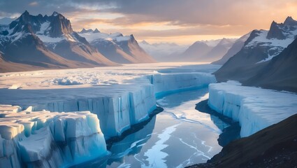 Glacial Majesty: Captivating aerial panorama of towering glaciers, glistening ice formations, and serene water ways that carved into the landscape.