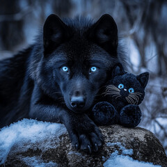 black wolf with a black cat plush toy