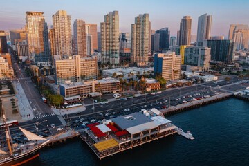 Aerial view of San Diego, California, USA, at sunset. The Star of India sailing ship is docked near...