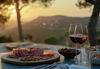 Elegant Sunset Dining Experience with Charcuterie, Wine Glasses, Mediterranean Landscape, and Warm Golden Light for Relaxing Gatherings