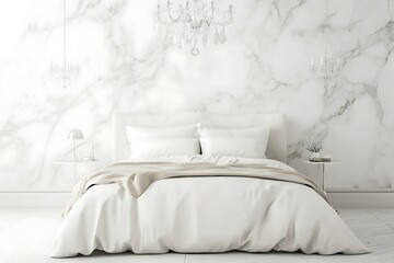 Elegant bedroom interior with marble wall, bed, and chandeliers, creating a luxurious and serene atmosphere