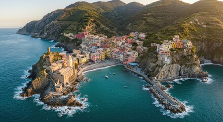 Naklejka premium Aerial view of a colorful coastal village at sunset, surrounded by mountains and sea