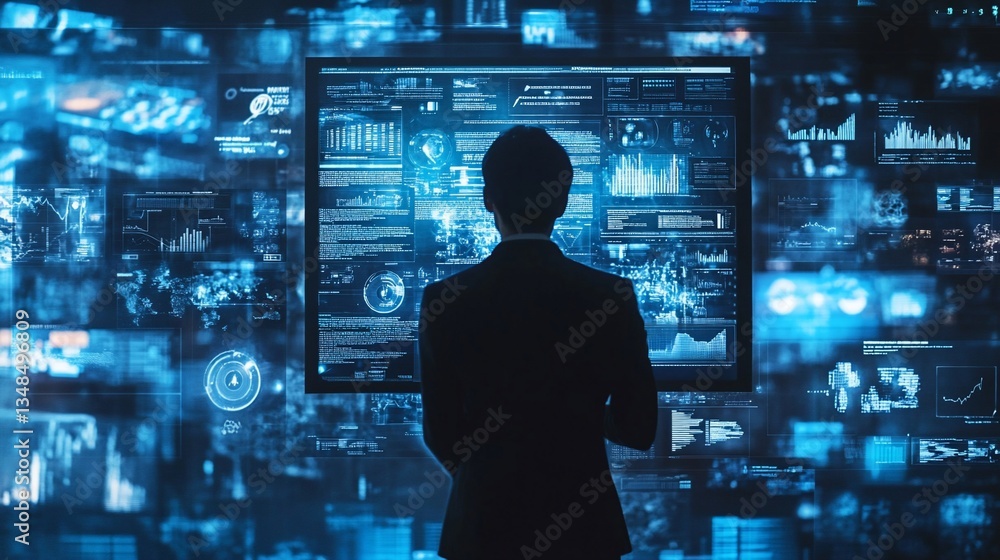 Poster analyzing complex data on multiple screens for strategic decision-making
