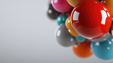 Colorful spheres cluster close-up.  A vibrant collection of glossy, spherical objects in various shades of vibrant colors against a muted backdrop