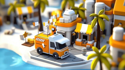 Fototapeta premium Whimsical Low Poly Island Beach Scene with Orange Food Truck