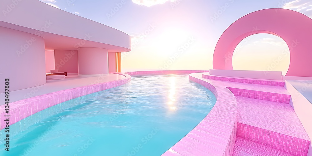 Poster dreamy summer architecture scene with pool and pink design elements