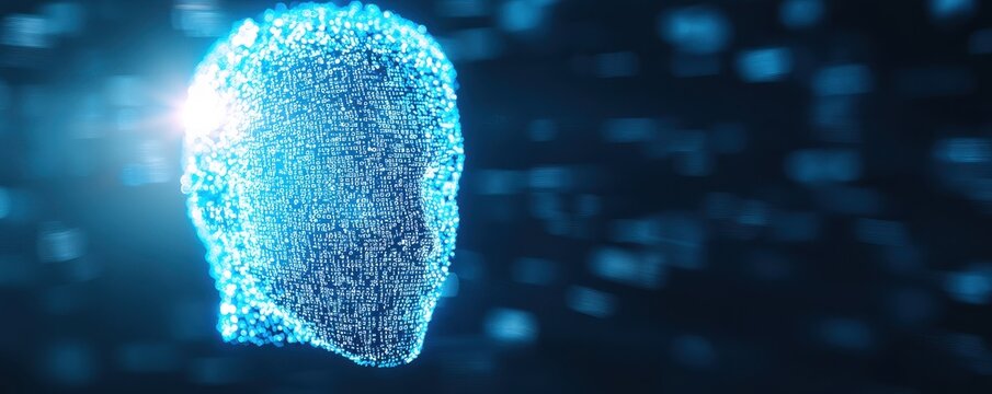 Abstract Futuristic Digital Human Head in Blue Light