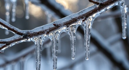 Icicles hanging from a tree branch in a serene winter landscape at sunset