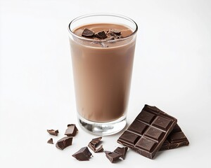 Glass of chocolate milk with chocolate pieces
