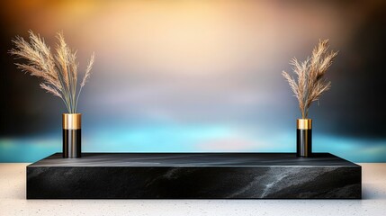 Elegant Black Marble Display Platform with Pampas Grass