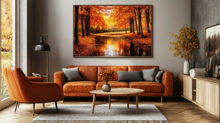 Autumn-themed living room interior with leather sofa and landscape painting