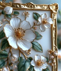 Elegant white and golden flowers decorated gold frame for wall, picture and invitation background.